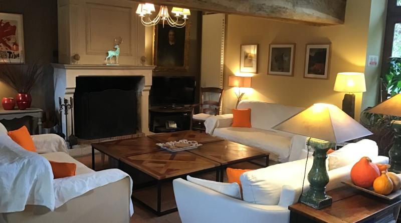 Grand séjour avec canapés, fauteuils, poules, cheminée