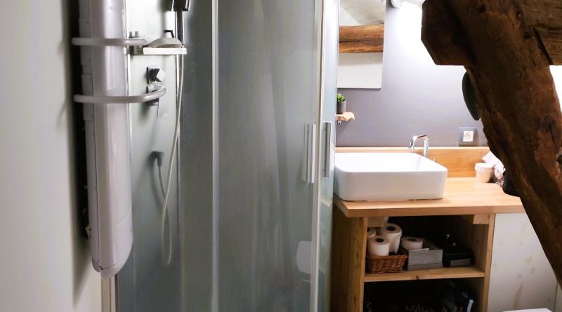 Une salle d'eau avec cabine de douche, wc et vasque est accessible à l'étage.